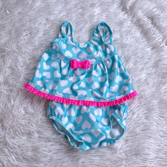 Carters Heart Polka Dot Tankini Swimsuit Set Blue White Pink Baby Girls 3-6M - Picture 1 of 7